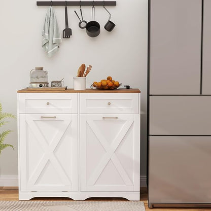 Giantex Tilt Out Trash Can Cabinet 10 Gallon, Kitchen Island with Power Outlet, 2 Drawers, Adjustable Shelves, Hidden Storage Garbage Bin Cabinet for Laundry Room Dining Room (White+Walnut)