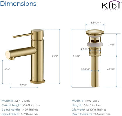 KIBI KBF1010 Solid Brass Single Handle Single Hole Circular X Faucet for Bathroom Sink with Pop Up Drain | High Arc Faucet Spout | Brushed Gold | Corrosion and Rust Resistant
