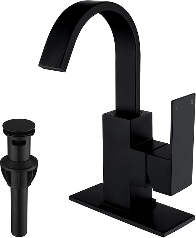 Matte Black Bathroom Faucet Waterfall Faucet Bathroom Vanity with 360 Degree Swivel Spout, Single Hole Bar Sink Faucet with Hose and 6 "Deck Plate,SL5004BK
