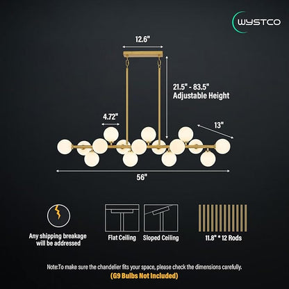 56 Inch Brass Gold Linear Chandeliers for Dining Room, Kitchen Island, Living Room, 16-Light Mid Century Modern Light Fixture Over Table, Large White Glass Globe Sputnik Bubble Chandelier