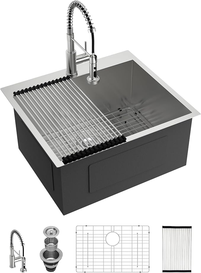 Lordear 12 Inch Deep Drop In Laundry Sink with Faucet 25x22 Inch Topmount Utility Sink 16 Gauge Stainless Steel Single Bowl for Laundry Room 25"x22"x12"