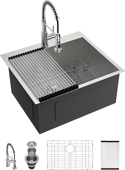 Lordear 12 Inch Deep Drop In Laundry Sink with Faucet 25x22 Inch Topmount Utility Sink 16 Gauge Stainless Steel Single Bowl for Laundry Room 25"x22"x12"