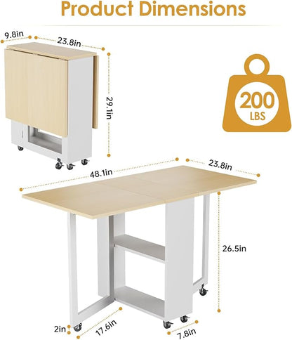 LotFun Folding Dining Table with 2 Storage Racks, Space Saving Dining Table with 6 Wheels, Kitchen Table for Small Spaces