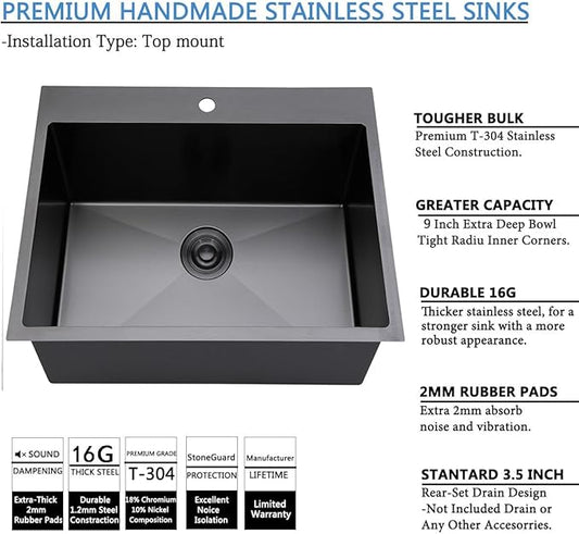 SHACO 18x18 Inch Drop In Black Bar Sink, 18 Inch Gunmetal Black Small Kitchen Sink, Stainless Steel 16 Gauge Single Bowl Laundry Prep RV Sink with Strainer Drain
