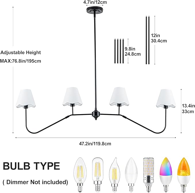 MAYNA 47" Modern Linear Chandeliers for Dining Room, 4-Light Black Kitchen Island Pendant Lighting with White Fabric Shades, Adjustable Height Dining Room Light Fixture, E12 Base