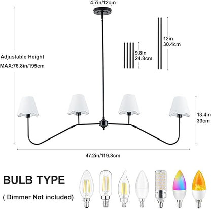 MAYNA 47" Modern Linear Chandeliers for Dining Room, 4-Light Black Kitchen Island Pendant Lighting with White Fabric Shades, Adjustable Height Dining Room Light Fixture, E12 Base