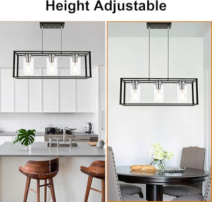 VINLUZ 3 Light Black and Chrome Finish Kitchen Island Light,Adjustable Hanging Pendant Lighting with Clear Glass Shades Rectangular Dining Room Chandeliers Adjustable Height