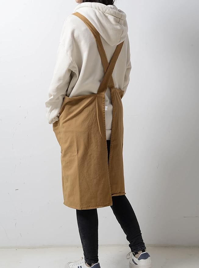 Japanese Cotton Linen Cross Back Apron with Pockets,Fashion Pinafore Dress for Gardening Painting Cleaning Cooking