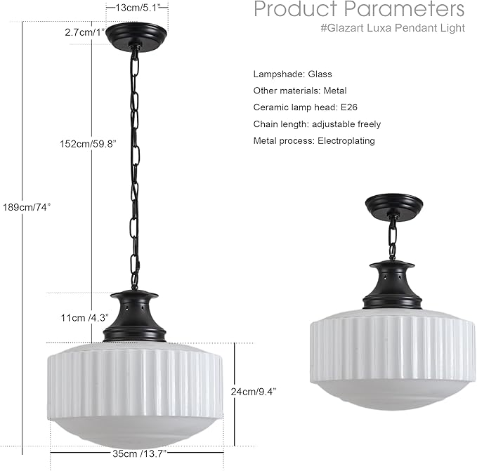 Vintage Ribbed Milk Glass Pendant Light Fixture, Mid‑Century Modern Chandelier, Antique Schoolhouse Pendant Lights for Kitchen Island, Dining Room, Entryway, Hallway, E26 Base,Matt Black