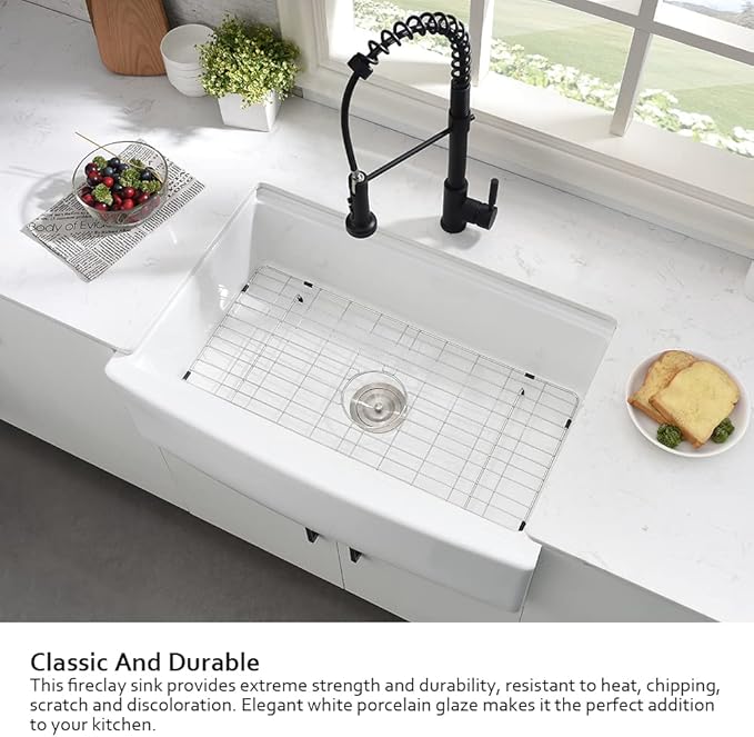 33 Inch White Farmhouse Sink Workstation-Hovheir 33x21 Apron Front Farm Sink White Fireclay Porcelain Ceramic Farmhouse Kitchen Sinks Workstation Deep Single Bowl Farmer Sinks with Cutting Board