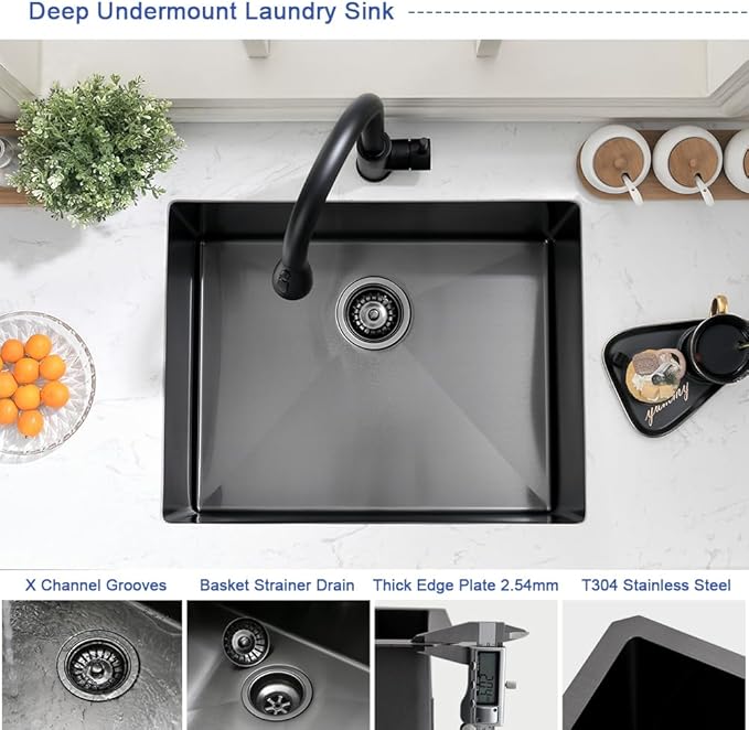 Black Stainless Steel Undermount Laundry Sink-Hovheir 24x19x12 Deep Undermount Stainless Steel Utility Sink Matte Black 16 Gauge Single Bowl Laundry Room Sinks Outdoor