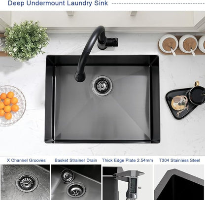 Black Stainless Steel Undermount Laundry Sink-Hovheir 24x19x12 Deep Undermount Stainless Steel Utility Sink Matte Black 16 Gauge Single Bowl Laundry Room Sinks Outdoor