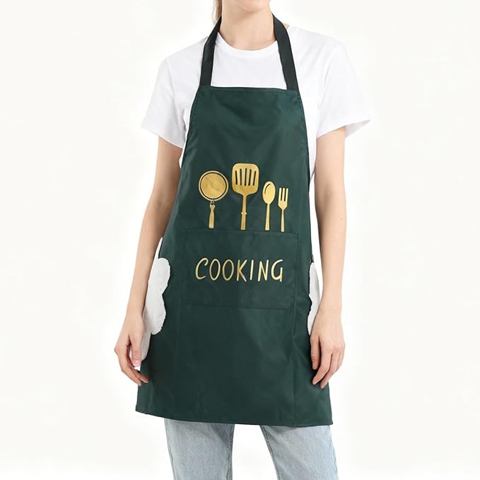 DILLMAN Women Kitchen Apron with Hand Wipe Pockets，Big Pocket,Hand-wiping, Waterproof for Cooking Baking