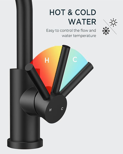 FORIOUS Black Bathroom Faucet 1 or 3 Hole Sink Single Handle, 360° Swivel Gooseneck Spout, Matte Finsh, Leak-Free, with cUPC Supply Line and Metal Pop Up Drain, Suitable for Bar Kitchen RV Vanity