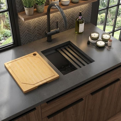 LQS Undermount Wet Bar Sink Black, Undermount Bar Sink Stainless Steel 13" x 15", Small 10" Deep Single Bowl Kitchen Sinks, Smart Workstation Ledge With Cutting Board For RV, Outdoor and Prep Use