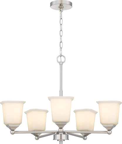 Tawson Nox 5-Light Chandelier Pendant Ceiling Light Brushed Nickle White Glass Shade Adjustable Height for Hallway, Entryway, Passway, Dining, Bedroom, Kitchen, Balcony Living Room