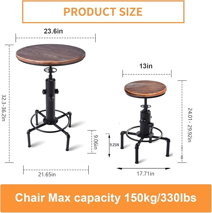 Kitchen Table Set, 3 Piece Pub Table Set, Modern Round bar Table and Stools for 2, Bistro Bar Height Table Industrial Bar Stools Height Adjustable Easy Assemble for Kitchen Dining