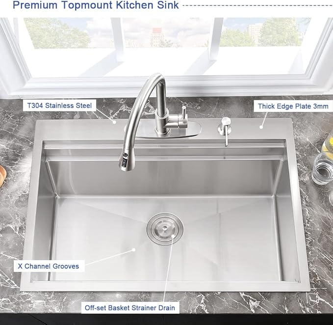 33 Inch Kitchen Sink Drop In Workstation-Hovheir 33x22 Stainless Steel Drop In Top Mount Kitchen Sinks 16 Gauge Single Bowl Deep Stainless Sink Overmount Sinks with Cutting Board