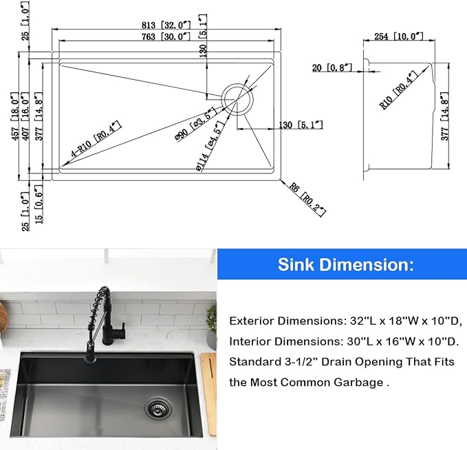 32 Inch Black Undermount Kitchen Sink Workstation - SZBAQTM 32x18-Inch Undermount Sink Stainless Steel Single Bowl 10'' Deep Handmade Kitchen sink with Cutting Board& Strainer