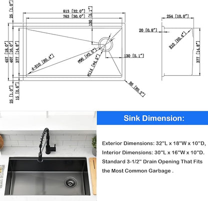 32 Inch Black Undermount Kitchen Sink Workstation - SZBAQTM 32x18-Inch Undermount Sink Stainless Steel Single Bowl 10'' Deep Handmade Kitchen sink with Cutting Board& Strainer