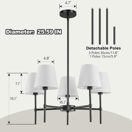 RUIYEY Dining Room Chandeliers Light - 5-Light 25.6 Inch Black Modern Chandeliers Light Fixtures with White Fabric Shade, Height Adjustable Pendant Island Lights for Entryway Farmhouse