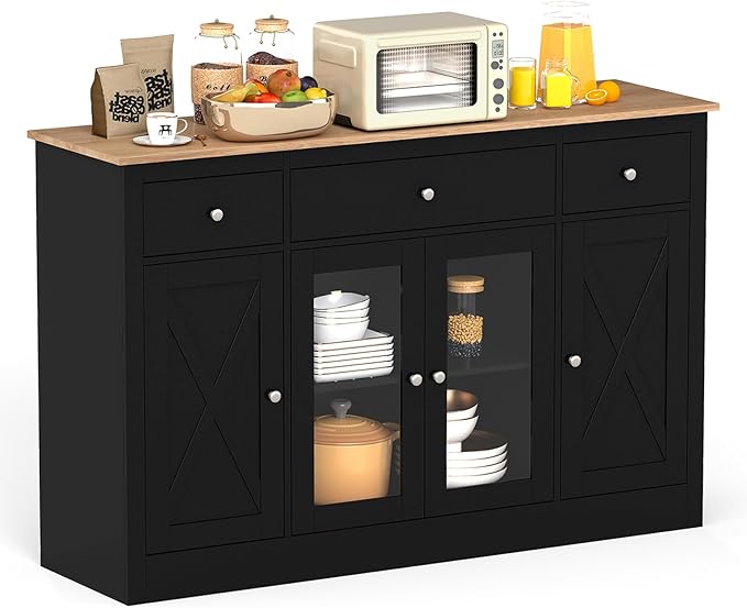 Giantex 55" Sideboard Buffet Cabinet with Storage, Modern Farmhouse Kitchen Storage Cabinet w/3 Drawers, Adjustable Shelves, 2 Barn Doors & 2 Glass Doors, Black Sideboard for Living Room, Coffee Bar