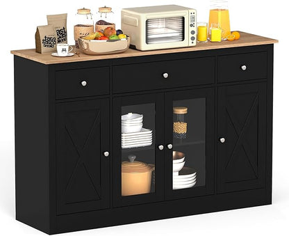 Giantex 55" Sideboard Buffet Cabinet with Storage, Modern Farmhouse Kitchen Storage Cabinet w/3 Drawers, Adjustable Shelves, 2 Barn Doors & 2 Glass Doors, Black Sideboard for Living Room, Coffee Bar
