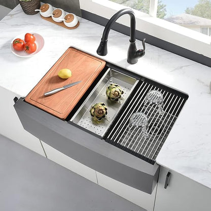 33x22 Black Farmhouse Sink For Kitchen Workstation, Apron Front Stainless Steel Farm Sink 33 Inch Single Bowl Handmade 16 Gauge Black Sink Kitchen