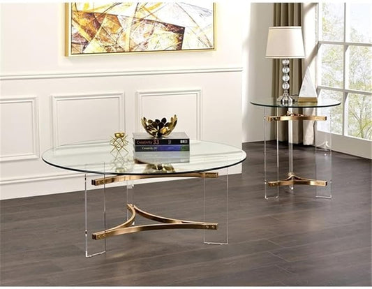 Acme Sosi Round Tempered Glass Top Coffee Table in Clear and Gold