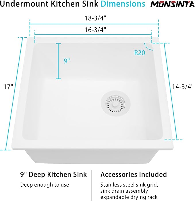 White Bar Sink,White Granite Composite Kitchen Sink With Accessories,19 Inch Undermount Quartz Stone Kitchen Sinks, 19" x 17" x 9 White Kitchen Sink with Offset Drain