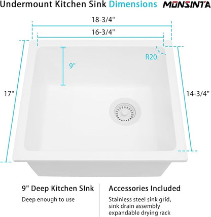 White Bar Sink,White Granite Composite Kitchen Sink With Accessories,19 Inch Undermount Quartz Stone Kitchen Sinks, 19" x 17" x 9 White Kitchen Sink with Offset Drain