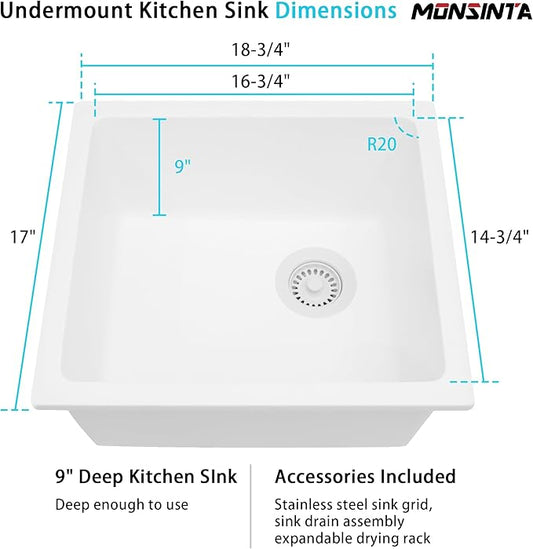 White Bar Sink,White Granite Composite Kitchen Sink With Accessories,19 Inch Undermount Quartz Stone Kitchen Sinks, 19" x 17" x 9 White Kitchen Sink with Offset Drain
