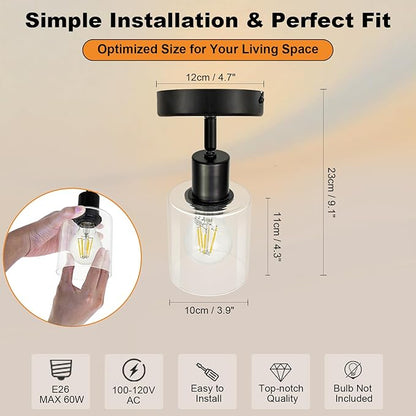 HiBay 1-Light Black Track Lighting Fixture, Ceiling or Wall Mount Adjustable Spotlight with Glass Shade, Modern Farmhouse Industrial Light for Bathroom Vanity, Bedroom, Hallway, E26 Base