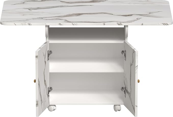 47" Wood Folding Dining Table with Storage Rack and Cabinet, Removable Entryway Table with 6 Wheels, White Marble Color Kitchen Island, Side Table and Coffee Table Versatile Table Space Saving
