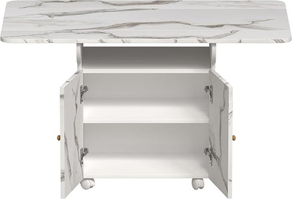 47" Wood Folding Dining Table with Storage Rack and Cabinet, Removable Entryway Table with 6 Wheels, White Marble Color Kitchen Island, Side Table and Coffee Table Versatile Table Space Saving