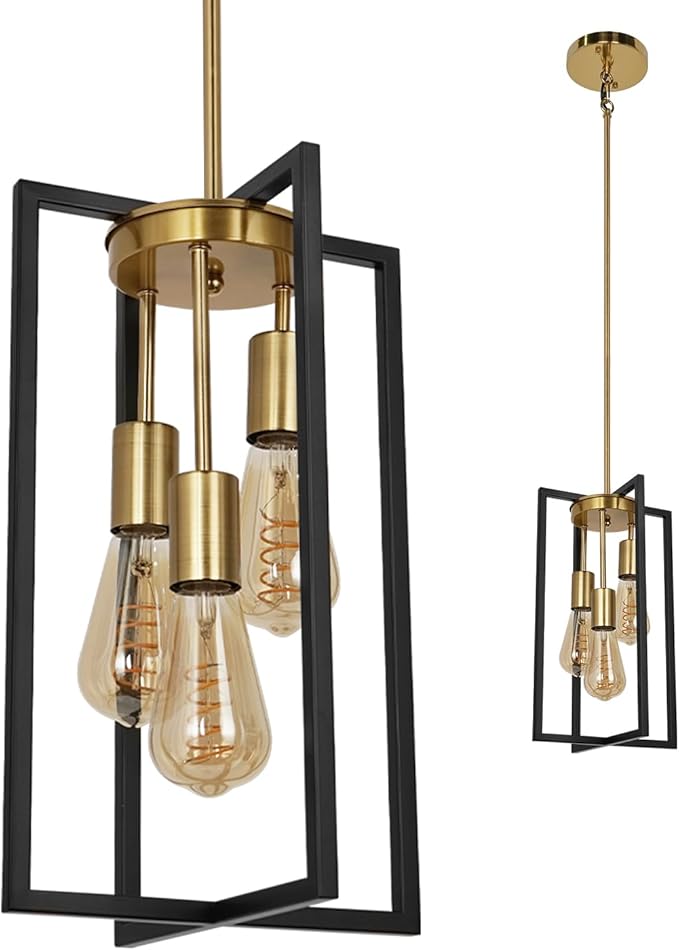 Modern Industrial Farmhouse Pendant Lighting, Rectangle Black & Brass Chandelier, Hanging Light for Kitchen Island, Dining Room, Entryway, Hallway (3-Light)