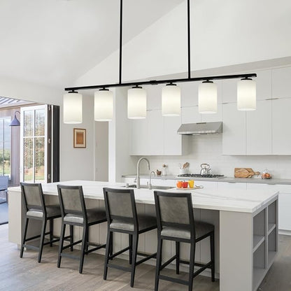 6-Light Modern Island Lights for Kitchen, Black Dining Room Light Fixtures Over Table, Pendant Lighting Over Island Kitchen Hanging Light Fixtures 45.27'' Large Chandeliers with Milky Glass Shades