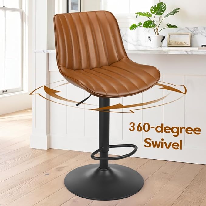 Bar Stools Set of 2, Swivel Adjustable Barstools, with Back Support, PU Leather Counter Height Bar Chairs for Kitchen Island Rustic Barstool, Brown (Brown + PU Leather + Foam)