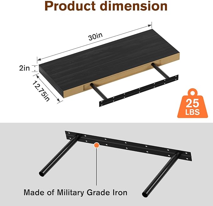 Floating Shelf, Set of 1 Wall Shelf, 30 in W x 12.75 in D x 2 in H Wooden Floating Wall Shelf with Invisible Brackets for Living Room/Bedroom/Bathroom/Kitchen Storage and Decor, Black Wood