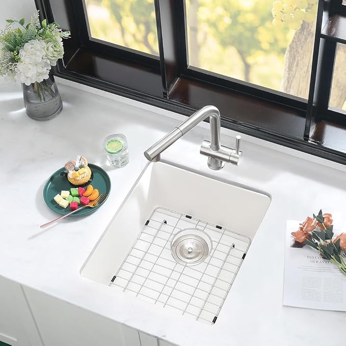 12 Inch Bar Sink Undermount White-iAnomla 12x15 Undermount Bar Sink White Quartz Composite Bar Prep Sink Small Single Bowl Mini Wet Bar Rv Kitchen Sinks with Bottom Grid