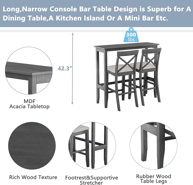 Farmhouse 48" Rectangular Wood Height Dining Set Kitchen Breakfast Nook with 2 Chairs for Small Places Solid Wood Gray+Beige 3-Piece Breakfast Nook Kitchen Island Durable