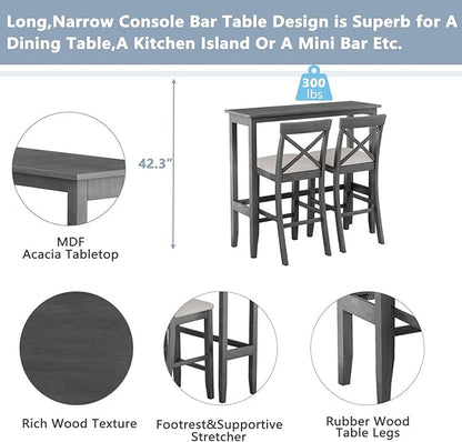Farmhouse 48" Rectangular Wood Height Dining Set Kitchen Breakfast Nook with 2 Chairs for Small Places Solid Wood Gray+Beige 3-Piece Breakfast Nook Kitchen Island Durable