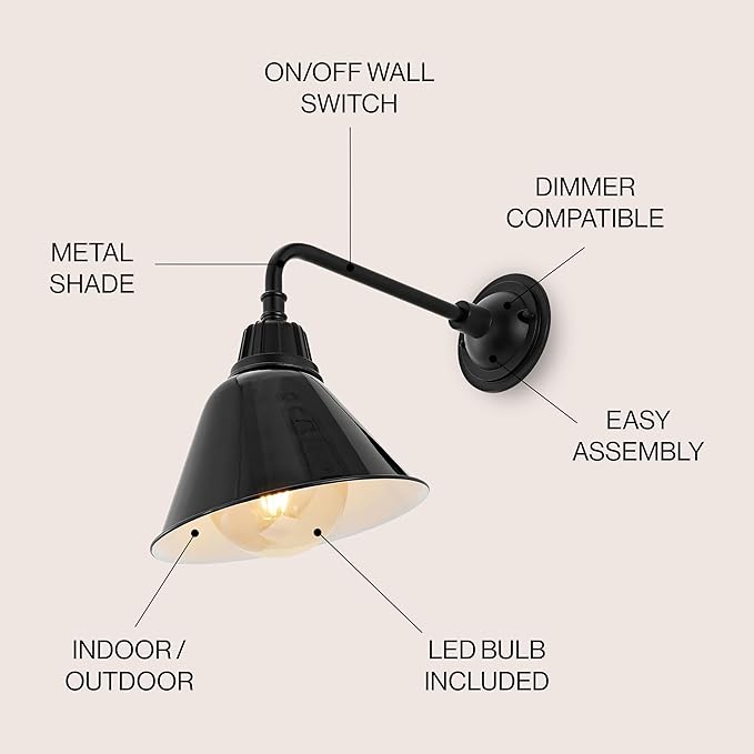 JONATHAN Y 9.63" Black 1-Light Farmhouse Outdoor Sconce, Industrial LED Wall Light, Gooseneck Arm Barn Lamp with Metal Bell Shade for Porch, Patio, Kitchen, LED Bulb Included (JYL7612B)
