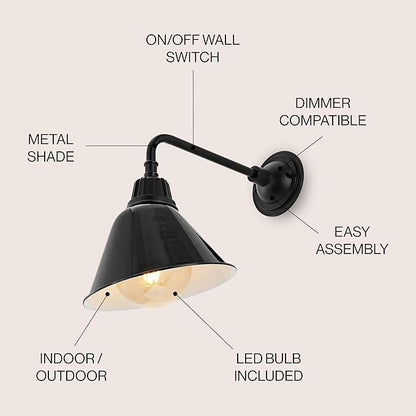 JONATHAN Y 9.63" Black 1-Light Farmhouse Outdoor Sconce, Industrial LED Wall Light, Gooseneck Arm Barn Lamp with Metal Bell Shade for Porch, Patio, Kitchen, LED Bulb Included (JYL7612B)