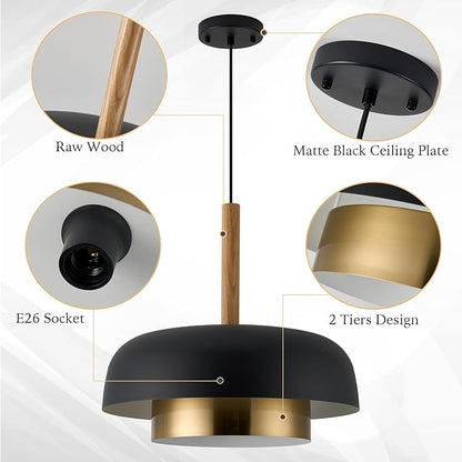Mid Century Large Pendant Lighting,18.8 inch,Double-Layer,Real Wood Accent,Black and Gold Modern Chandelier for Dining Room,Kitchen, Living Room