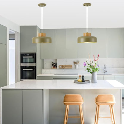 Mid-Century Modern Pendant Light,12.6" Natural Wood & Olive Green Metal Shade,Adjustable Kitchen Island Dining Room Lighting Fixture