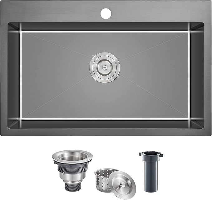 28 x 18 Inch Drop in Kitchen Sink Single Faucet Hole, 18 Gauge 304 Stainless Steel Handmade Single Bowl Topmount Kitchen Sink, Black