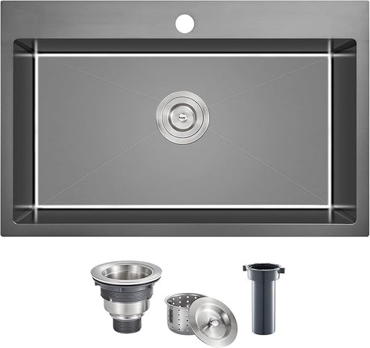 28 x 18 Inch Drop in Kitchen Sink Single Faucet Hole, 18 Gauge 304 Stainless Steel Handmade Single Bowl Topmount Kitchen Sink, Black