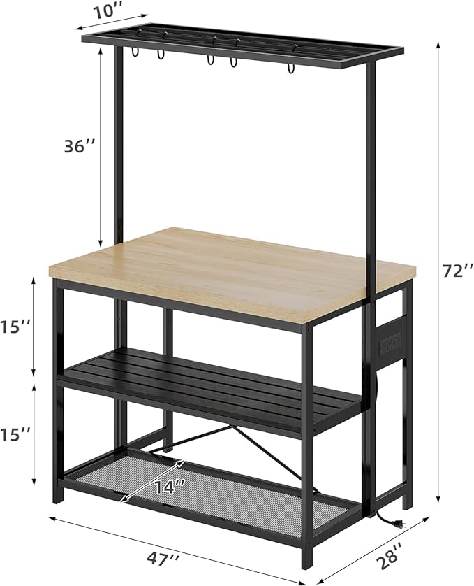 IDEALHOUSE 47" Kitchen Island with Power Outlet - 3-Tier Bakers Rack & Microwave Stand, Metal Coffee Bar Table for Kitchen, Dining & Living Room, Large Mobile Storage Cart