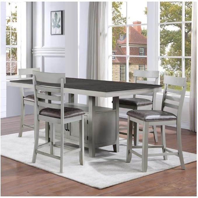 BOWERY HILL 5-Piece Counter Height Dining Set, Extendable Table with Storage and 4 Upholstered Chairs, Stone Gray Finish, Mocha Slate Top, Asian Hardwood and Acacia Veneer, Casual Kitchen or Dining